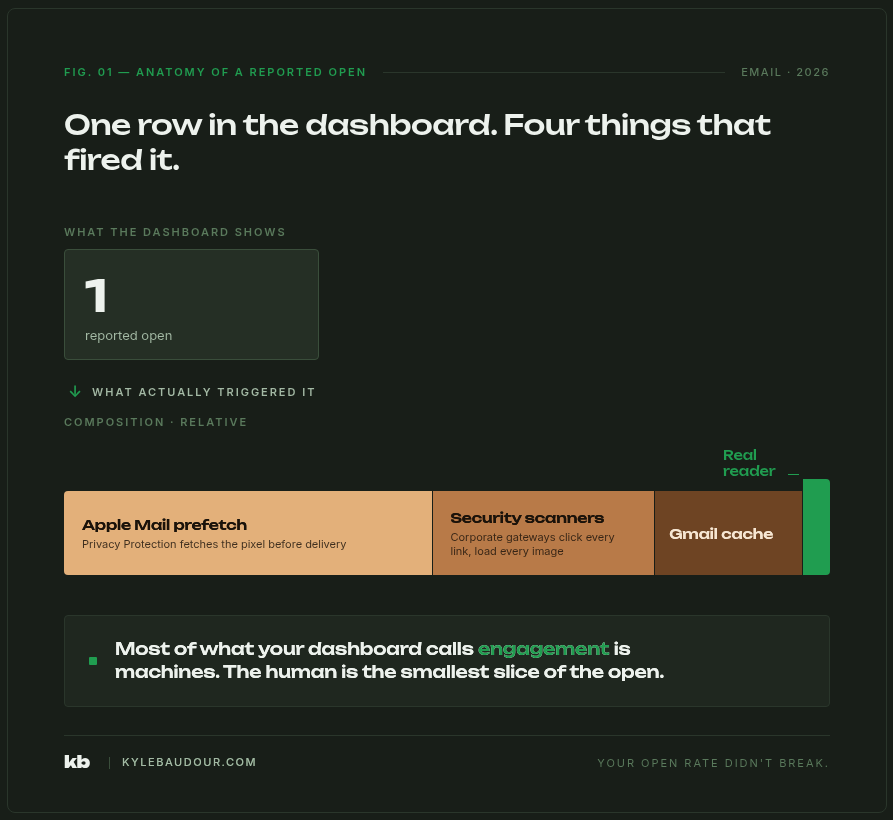 Anatomy of a reported open. A single dashboard event labeled "1 reported open" breaks down underneath into four contributing triggers shown as a stacked horizontal bar. Apple Mail prefetch is the largest segment, followed by corporate security scanners, then Gmail cache. The smallest segment, in green, represents the actual human reader. Takeaway text reads: most of what your dashboard calls engagement is machines. The human is the smallest slice of the open.