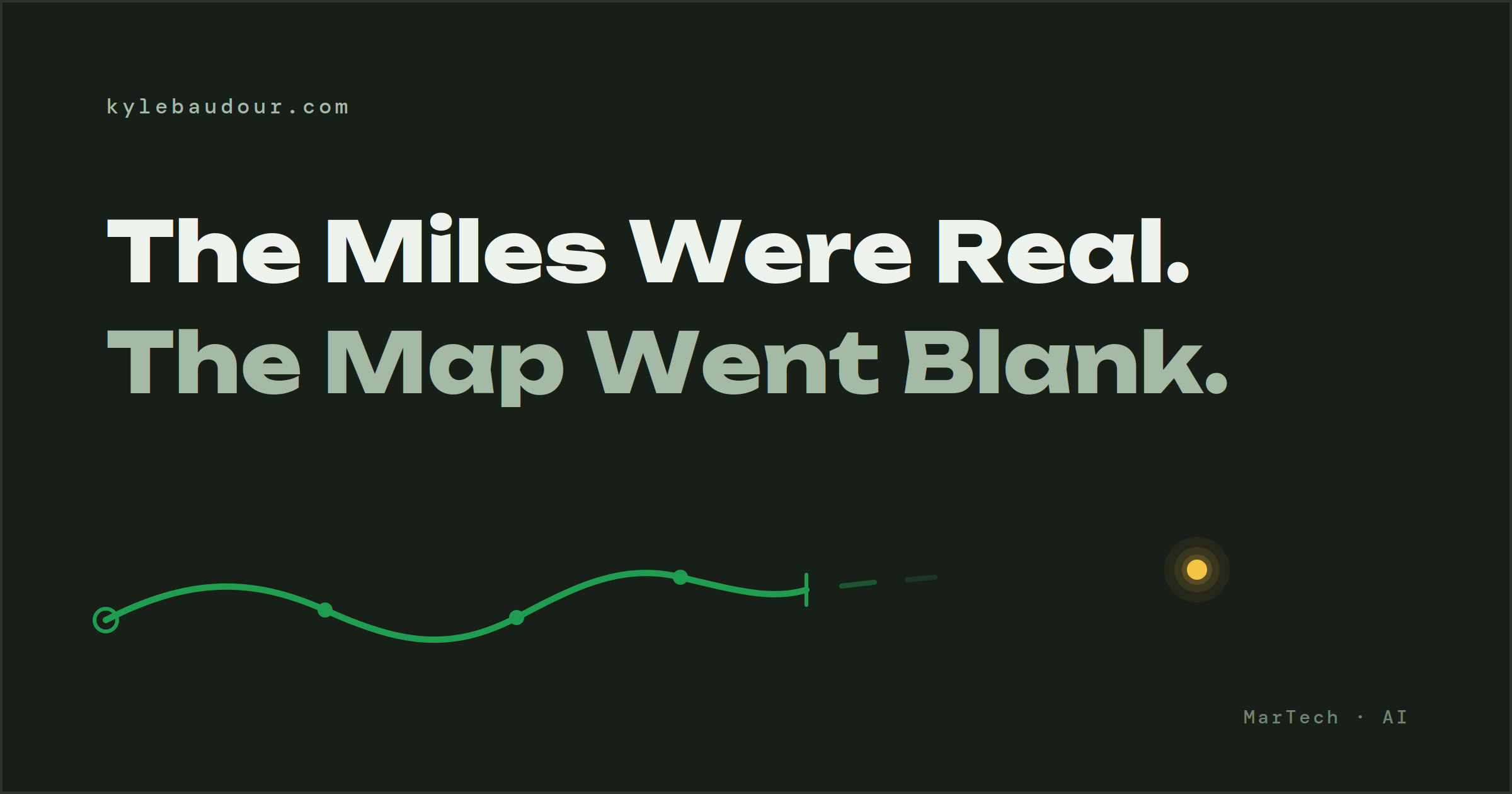 A tracked running route rendered as a solid green line that trails off into a broken dash, next to the headline "The Miles Were Real. The Map Went Blank."