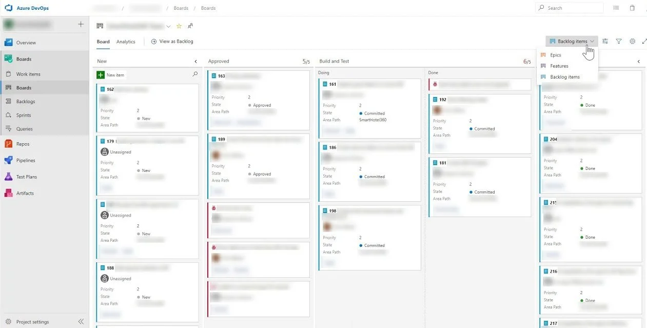 Azure DevOps board used for release tracking across regional rollout waves.